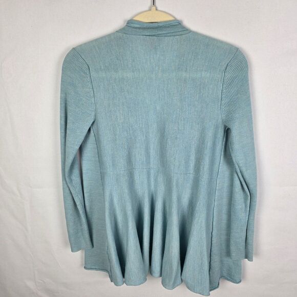 Eileen Fisher Cardigan Sweater Merino Wool Sz Med Open Draped Front Aqua Blue - Picture 2 of 7